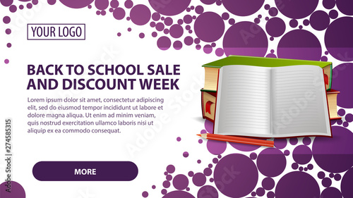 Back to school sale and discount week, banner with school textbooks and notebook
