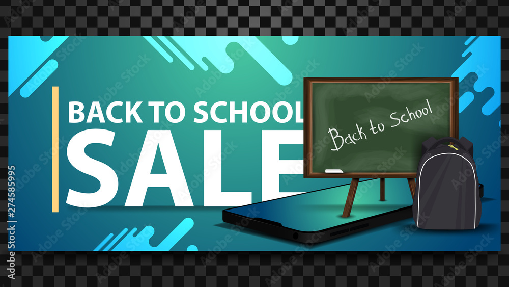 Back to school sale, discount horizontal banner with a smartphone, school Board and school backpack Back to school sale, discount horizontal banner with a smartphone, school Board and school backpack