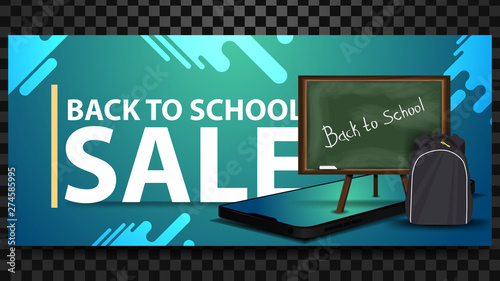 Back to school sale, discount horizontal banner with a smartphone, school Board and school backpack