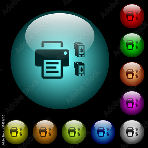 Printer and ink cartridges icons in color illuminated glass buttons