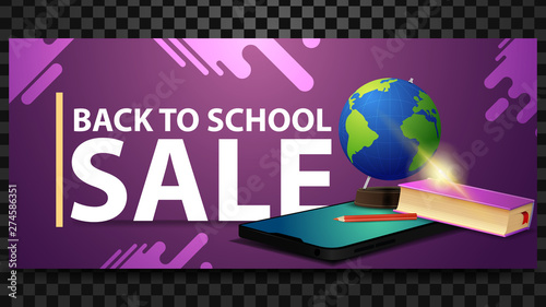 Back to school sale, discount horizontal banner with a smartphone, globe and school textbooks