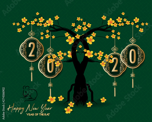 Happy Chinese New Year 2020 year of the rat,Chinese characters mean Happy New Year, wealthy. lunar new year 2020.