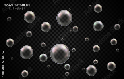 Vector soap bubbles set isolated on black transparent background. Special effect for design. Water spheres with air, soapy balloons, lather, suds, soap suds. Glossy foam balls. 3d illustration.