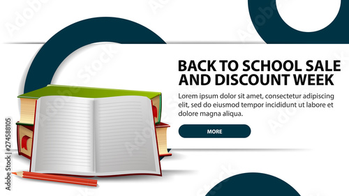 Back to school sale and discounts week, modern discount banner with fashionable design for your website with school textbooks and notebook