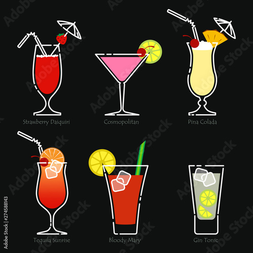 Holidays club party summer cocktails. Vector.