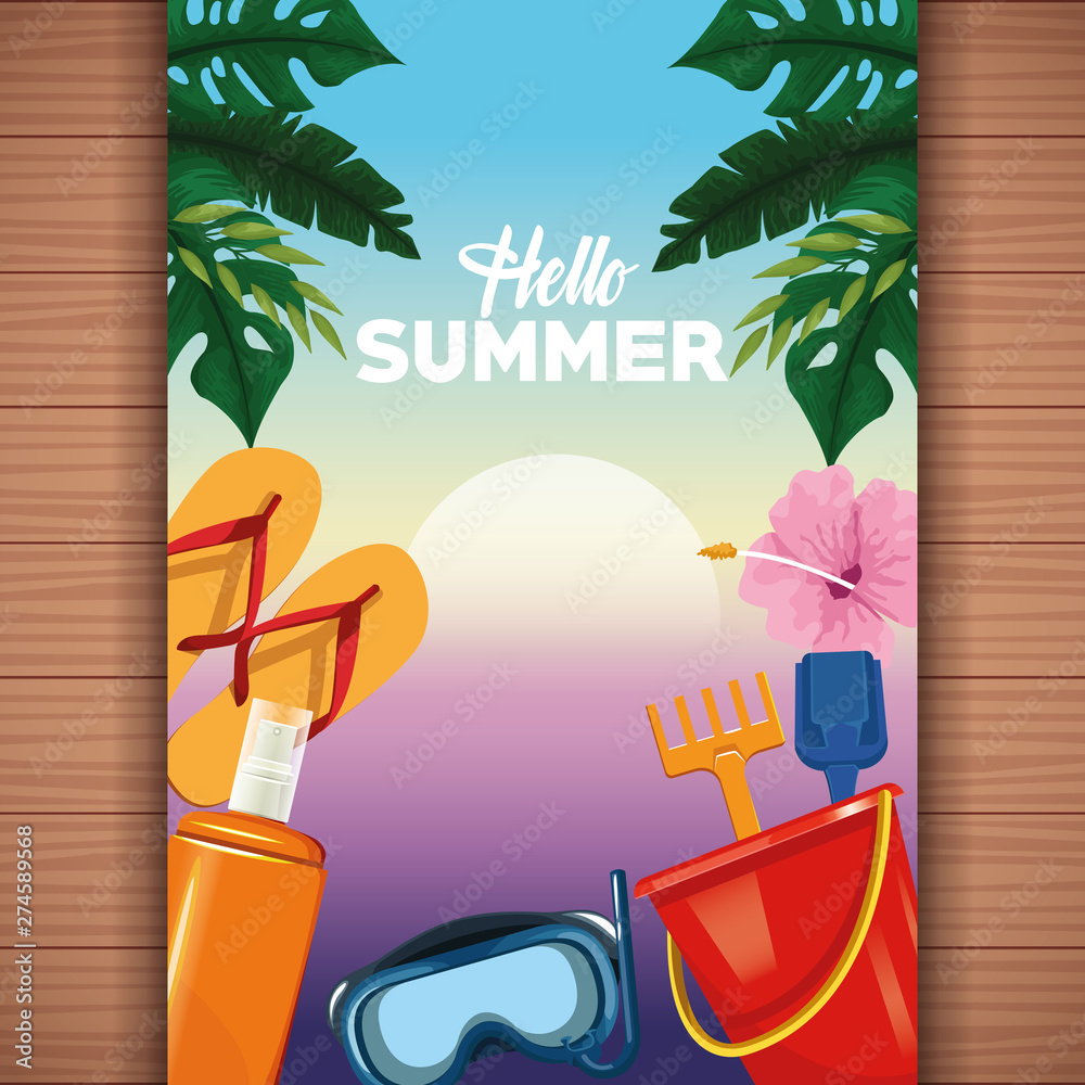 Fototapeta premium Hello summer card on wooden background