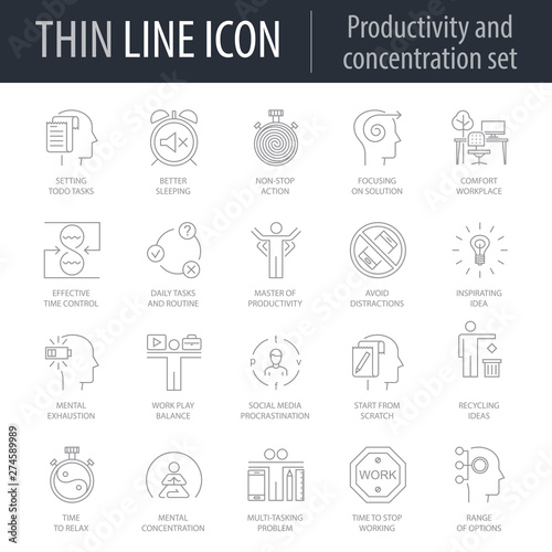 Icons Set of Productivity And Concentration. Symbol of Intelligent Thin Line Image Pack. Stroke Pictogram Graphic for Web Design. Quality Outline Vector Symbol Concept Collection. Premium Mono