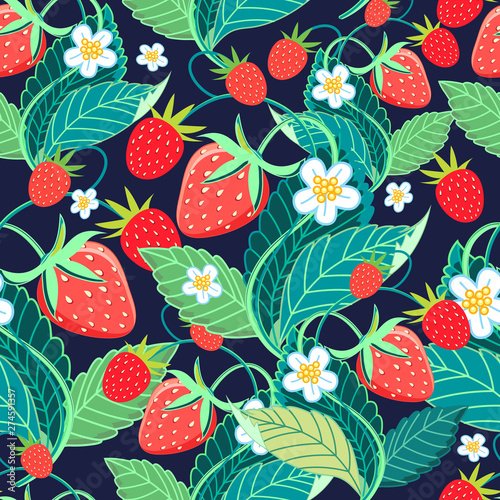 Seamless bright vector pattern with strawberries and berries