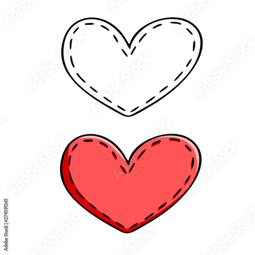 Cartoon red heart is made like embroidery, isolated vector outline element on the white background