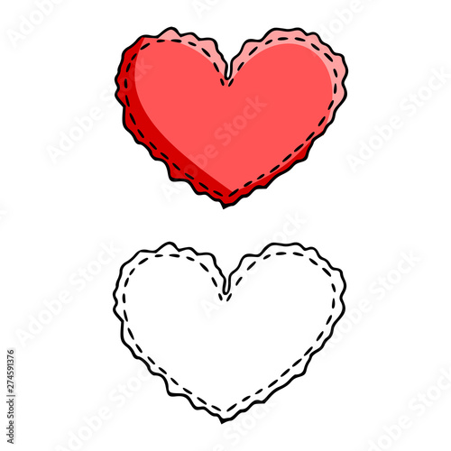 Cartoon red heart is made like embroidery, isolated vector outline element on the white background