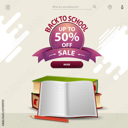 Back to school sale, a template for your website in a minimalist light style with school textbooks and notebook