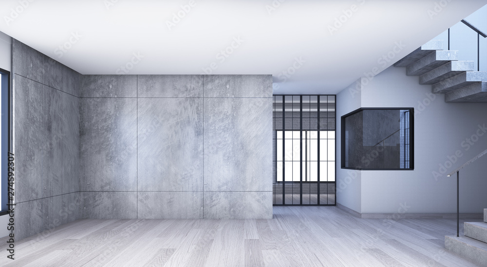 Obraz premium Living area in modern loft decorate concept with stair and wooder floor. 3d rendering