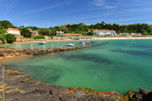 St Brelades Bay, Jersey, U.K. Famous beach and harbour of the island in the Summer.