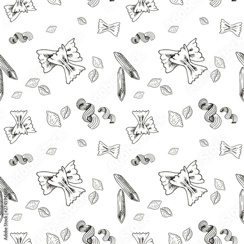 Sketch pasta pattern. Hand drawn seamless background with sketch style pasta and macaroni. Monochrome vector backdrop.