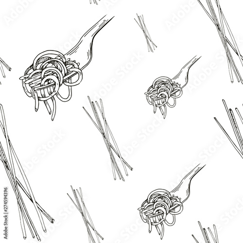 Sketch pasta pattern. Hand drawn seamless background with sketch style pasta and macaroni. Monochrome vector backdrop.