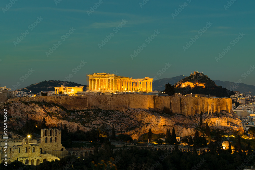 Parthenon temple view from Filopappos, Acropolis Athens