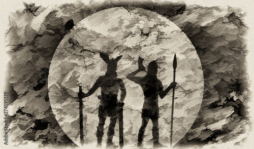 Ghostly figures of Old Norse God Odin leaning on a sword and guard-spearman, trumpeting in horn, Vikings, Ragnarok and Norsemen mythical themes, illustration in textured sketch drawing style