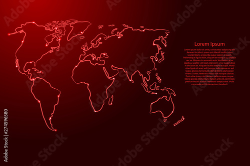 World map from the contour red brush lines different thickness and glowing stars on dark background. Vector illustration.