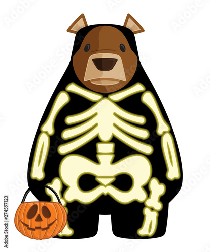 Vector Halloween Cartoon Bear Illustration in Glow in the Dark Skeleton Costume Holding a Trick or Treat Jack O'Lantern Bucket