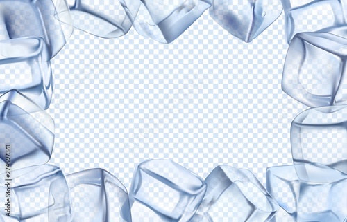 Ice cubes frame. Chill border, icy cold cube and iced rectangular frame. Arctic iced cubes, cool icy water crystal pieces for alcohol drink isolated realistic vector illustration