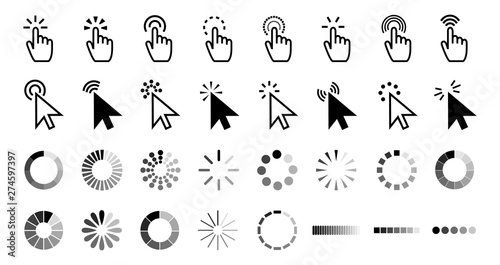 Pointer click icon. Clicking cursor, pointing hand clicks and waiting loading icons. Website arrows or hands cursors tools, computer interface button. Vector isolated symbols collection photo