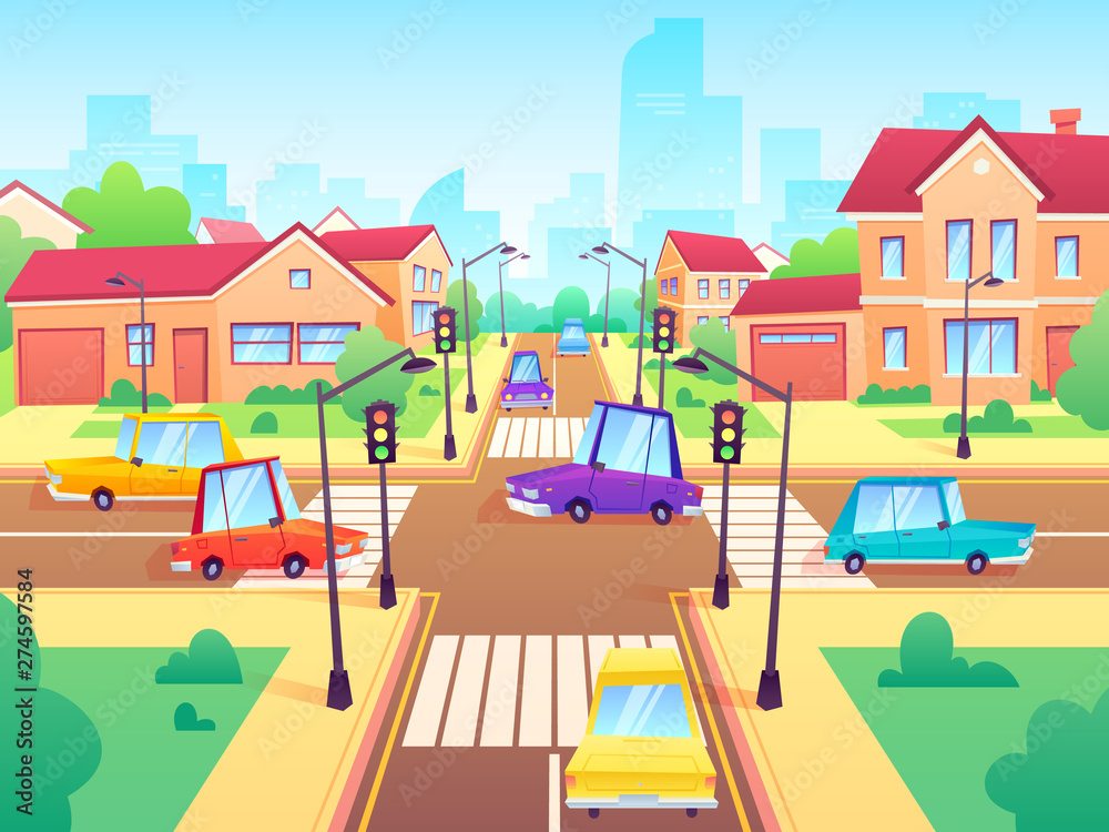 Naklejka premium Crossroad with cars. City suburb traffic jam, street crosswalk with traffic lights and road intersection. Intersections transportation, vehicle crossing roads cityscape cartoon vector illustration