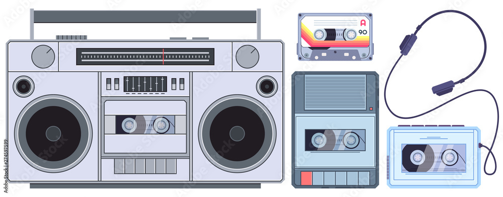 Vecteur Stock Retro tape player. Vintage cassette music players, old sound  recorder and audio cassettes. Stereo acoustic dj sound analogue boombox pop  music player. Isolated vector illustration icons set | Adobe Stock