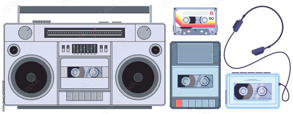 Retro tape player. Vintage cassette music players, old sound recorder and audio cassettes. Stereo acoustic dj sound analogue boombox pop music player. Isolated vector illustration icons set