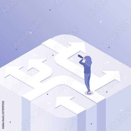 Business choices. Woman career decision, choosing different ways and crossroads of opportunity. Businessman marketing direction, business path choice problem isometric vector concept illustration