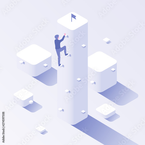 Businessman career climb. Business climbing, climbs for target and growth motivation. Corporate job climb rise achievement, careers goals stair isometric vector concept illustration