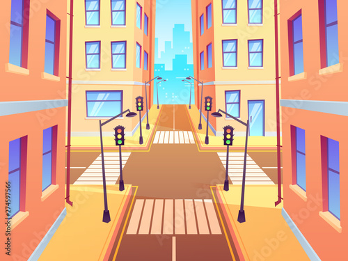 City crossroad with crosswalk. Urban intersection traffic lights, town street crossroads and road junction. Cross road and sidewalk, building and crosswalk cartoon vector illustration