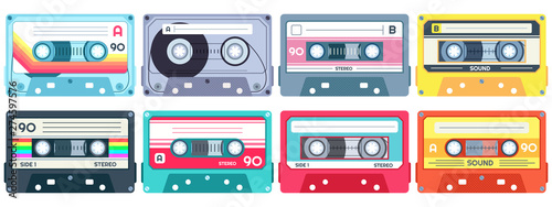 Retro music cassette. Stereo DJ tape, vintage 90s cassettes tapes and audio tape. antique radio play cassette, 1970s or 1980s rock music mix audiocassette. Isolated vector icons set