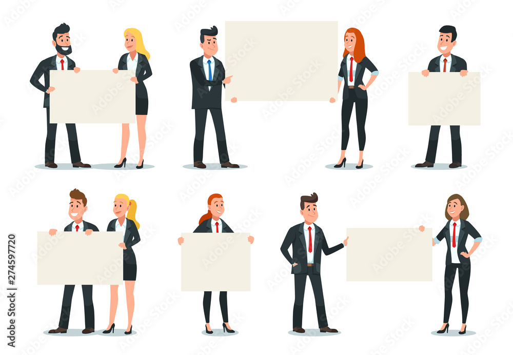 Business people holding banner. Businessman hold empty poster, office workers presentation signboard sign. Business manifestation, activists rights strike. Isolated icons vector illustration set