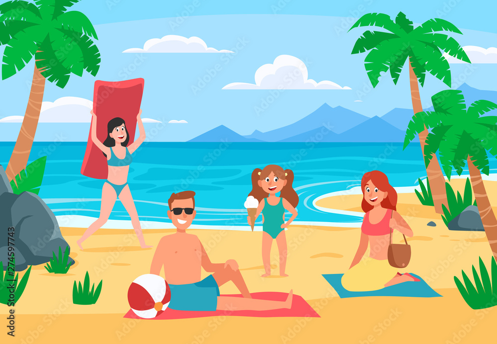 Family beach vacation. Young family with happy kids sunbathing on sand beach, summer seashore. Romantic beach holidays, family surfing kids and parents ocean vacation cartoon vector illustration
