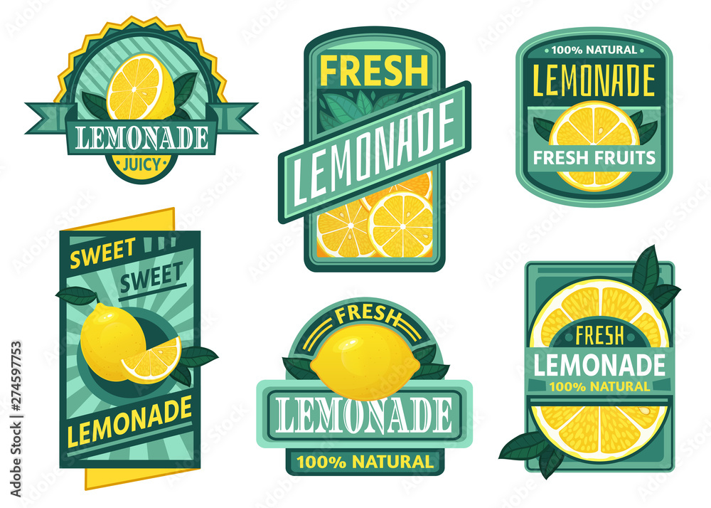 Lemonade badge. Lemon syrup, fresh lemonades emblems and lemons fruits juice drink vintage badges. Vegetarian juice brand sticker, cold lemon tea or rustic homemade lemonade. Isolated vector icons set Lemonade badge. Lemon syrup, fresh lemonades emblems and lemons fruits juice drink vintage badges. Vegetarian juice brand sticker, cold lemon tea or rustic homemade lemonade. Isolated vector icons set