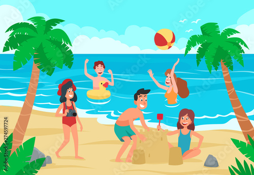 Kids beach. Happy childrens fun on sea shore sand beach, children sunbathing and swimming kid. Ocean relax people playing, sand castle building and summer sea swim cartoon vector illustration