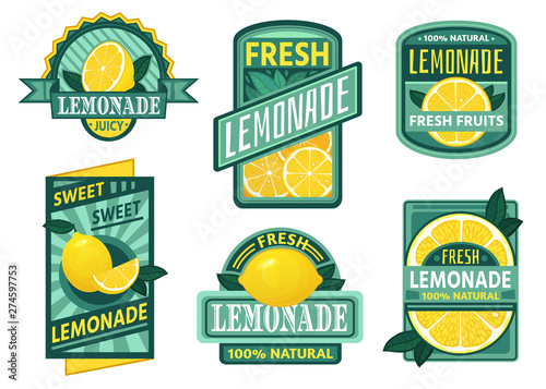 Lemonade badge. Lemon syrup, fresh lemonades emblems and lemons fruits juice drink vintage badges. Vegetarian juice brand sticker, cold lemon tea or rustic homemade lemonade. Isolated vector icons set
