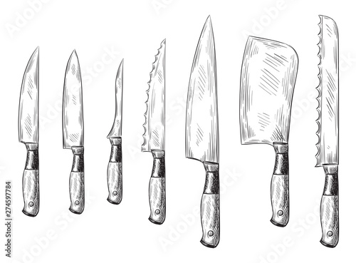 Hand drawn dinner knife. Vintage chef knives, engraved kitchen knife. Antique engraving food cutlery, restaurant dinner silver knifes utensil. Isolated icon vector illustration set