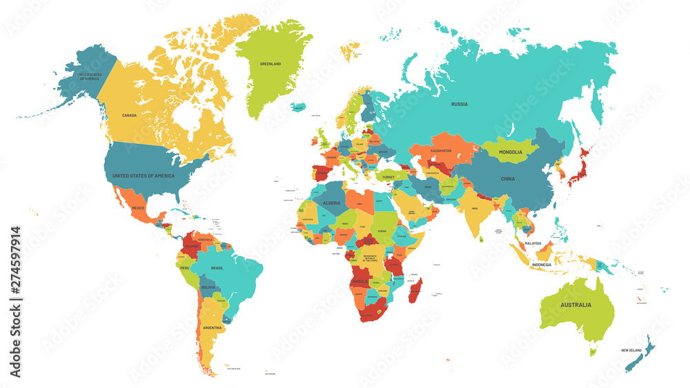 Colored world map. Political maps, colourful world countries and country names. Geography politics map, world land atlas or planet cartography vector illustration
