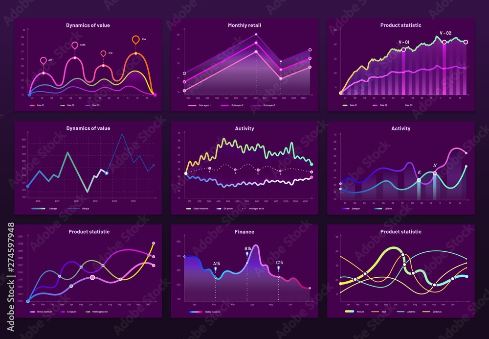 Abstract data charts. Statistic graphs, finance line chart and marketing histogram graph infographic. Financial holographic display, futuristic neon charts or infographic reports bars vector set