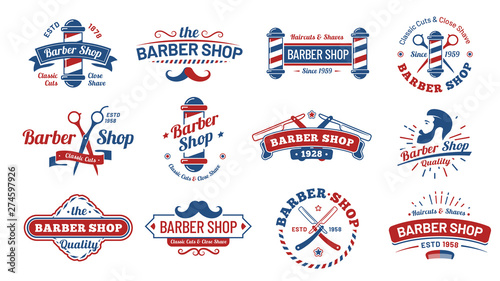 Barbershop badges. Vintage barber label, retro shave salon badge and gentleman haircut old sign. Barbers hipster mustache or beard logotype, barbering tattoo. Vector illustration isolated symbols set