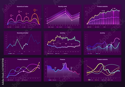Abstract data charts. Statistic graphs, finance line chart and marketing histogram graph infographic. Financial holographic display, futuristic neon charts or infographic reports bars vector set photo