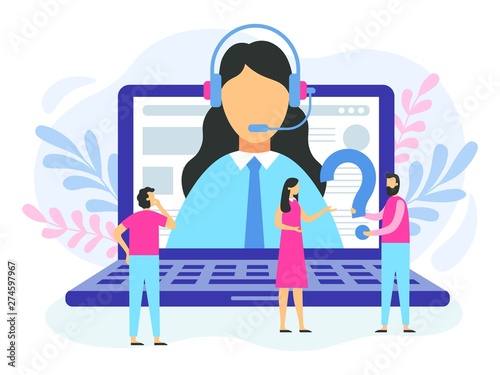 Technical support. Female hotline operator, 24 7 customer support call center and online advice service. Online help agent, social media customers call supported center vector illustration