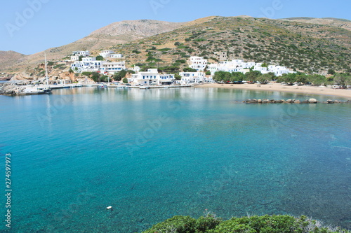 Greece, the island of Sikinos. The port and town beach on a bright spring day