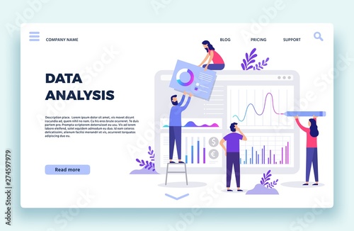 Finance analyst landing page. Stock market forecasting, stocks statistic and business trends forecast. Statistical advertising information column, cryptocurrency diagram flat vector illustration