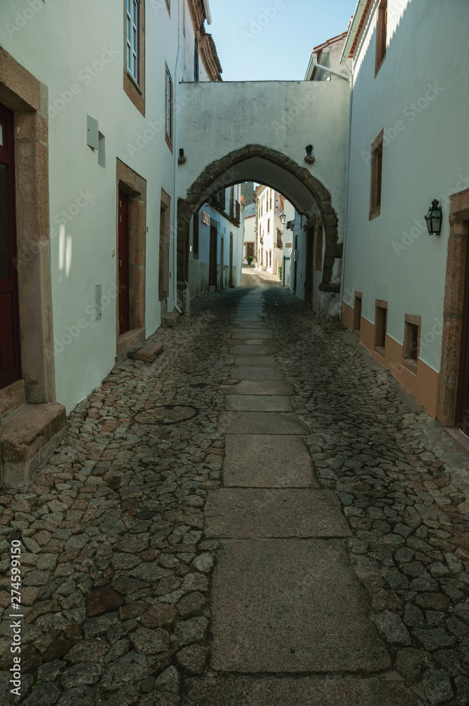 Obraz premium Old houses in cobblestone alley and passageway under arch