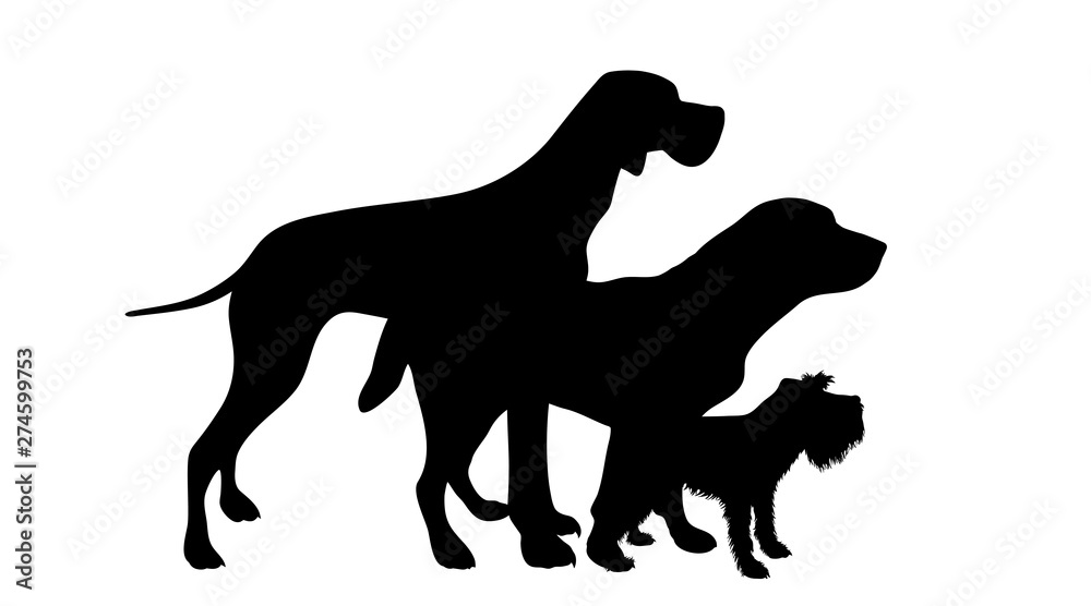 Vector silhouette of group of dogs. Symbol of animal friends on white background.