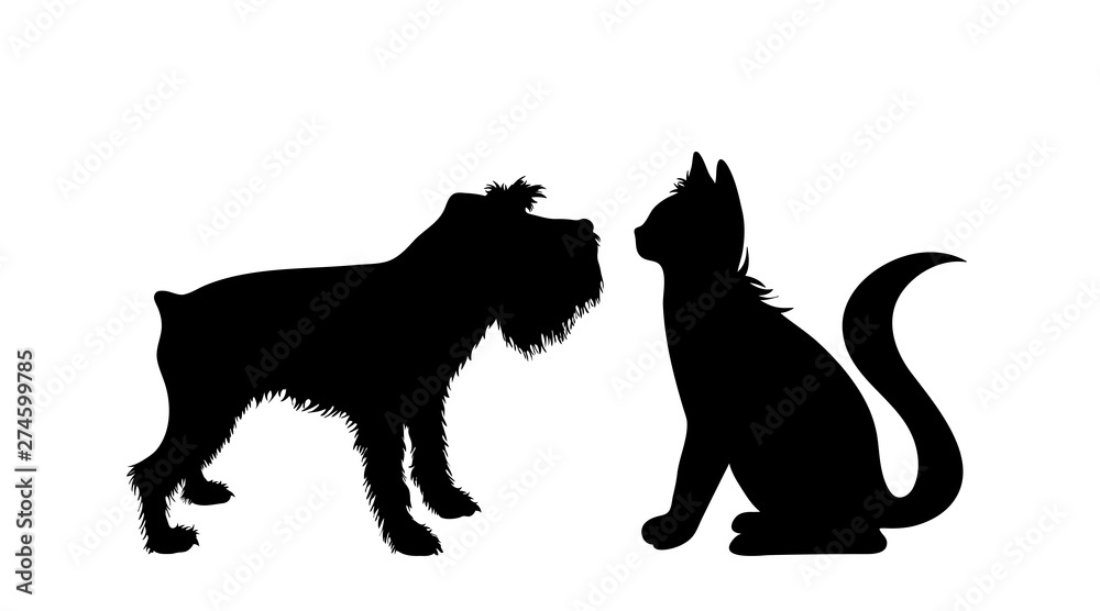 Obraz premium Vector silhouette of couple of dog and cat. Symbol of animal friends on white background.