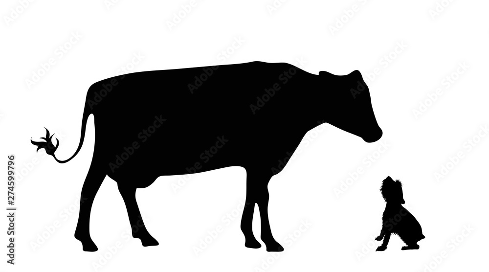 Vector silhouette of couple of dog and cow. Symbol of animal friends on white background. Farm life.