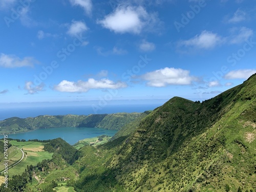 Mountain landscape with lakes on São Miguel island, Azores, Portugal near Sete Cidades